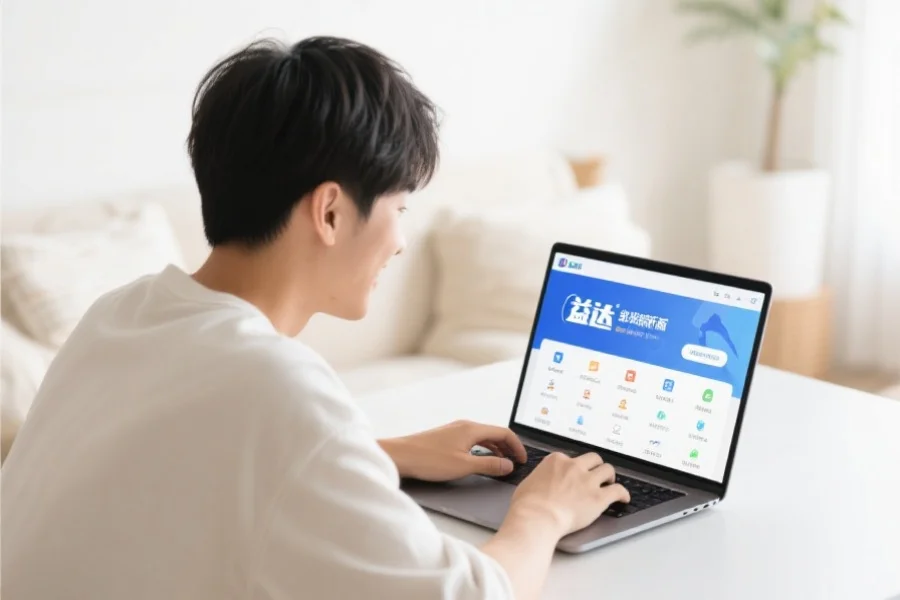 一位年轻用户在明亮舒适的室内环境中愉快地使用笔记本电脑，屏幕上展示门徒客户端新版界面